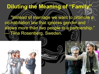 Diluting the Meaning of “Family”
"Instead of marriage we want to promote a
co-habitation law that ignores gender and
allows more than two people in a partnership.”
— Tiina Rosenberg, Sweden.
 