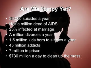 Are We Happy Yet?
• 30,000 suicides a year
• Half a million dead of AIDS
• 25% infected at marriage
• A million divorces a year
• 1.5 million kids born to singles a year
• 45 million addicts
• 7 million in prison
• $730 million a day to clean up the mess
Are We Happy Yet?
• 30,000 suicides a year
• Half a million dead of AIDS
• 25% infected at marriage
• A million divorces a year
• 1.5 million kids born to singles a year
• 45 million addicts
• 7 million in prison
• $730 million a day to clean up the mess
 