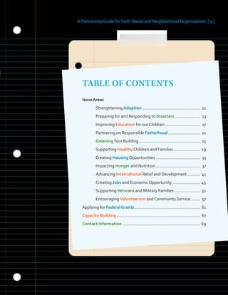 A Partnership Guide for Faith-Based and Neighborhood Organizations [ 9 ]
.................................................
......................
..............................
...........................
....................................................
.......................
......................................
......................................
...........
........................
......................
........
........................................................
.......................................................................
..................................................................
TABLE OF CONTENTS
Issue Areas
Strengthening Adoption 11
Preparing for and Responding to Disasters 13
Improving Education for our Children 17
Partnering on Responsible Fatherhood 21
GreeningYour Building 25
Supporting Healthy Children and Families 29
Creating Housing Opportunities 33
Impacting Hunger and Nutrition 37
Advancing International Relief and Development 41
Creating Jobs and Economic Opportunity 45
Supporting Veterans and Military Families 51
Encouraging Volunteerism and Community Service 57
Applying for Federal Grants 61
Capacity Building 67
Contact Information 69
 