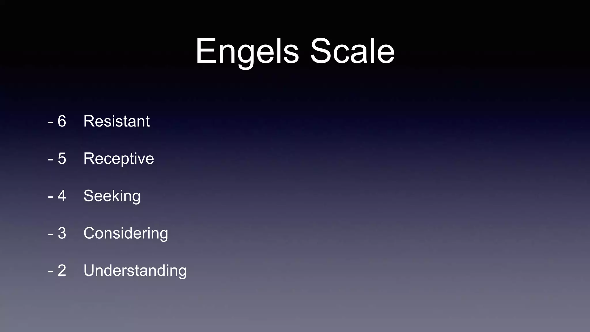 Engels Scale
- 6 Resistant
- 5 Receptive
- 4 Seeking
- 3 Considering
- 2 Understanding
 