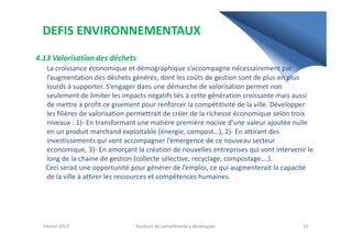 DEFIS ENVIRONNEMENTAUX
4.13 Valorisation des déchets
La croissance économique et démographique s’accompagne nécessairement par
l’augmentation des déchets générés, dont les coûts de gestion sont de plus en plus
lourds à supporter. S’engager dans une démarche de valorisation permet non
seulement de limiter les impacts négatifs liés à cette génération croissante mais aussi
de mettre à profit ce gisement pour renforcer la compétitivité de la ville. Développer
les filières de valorisation permettrait de créer de la richesse économique selon trois
niveaux : 1)- En transformant une matière première nocive d’une valeur ajoutée nulleniveaux : 1)- En transformant une matière première nocive d’une valeur ajoutée nulle
en un produit marchand exploitable (énergie, compost…), 2)- En attirant des
investissements qui vont accompagner l’émergence de ce nouveau secteur
économique, 3)- En amorçant la création de nouvelles entreprises qui vont intervenir le
long de la chaine de gestion (collecte sélective, recyclage, compostage….).
Ceci serait une opportunité pour générer de l’emploi, ce qui augmenterait la capacité
de la ville à attirer les ressources et compétences humaines.
Février 2013 12Facteurs de compétitivité à développer
 