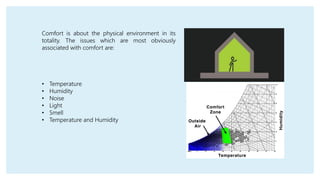 Comfort is about the physical environment in its
totality. The issues which are most obviously
associated with comfort are:
• Temperature
• Humidity
• Noise
• Light
• Smell
• Temperature and Humidity
 