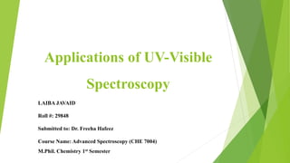 Applications of UV-Visible
Spectroscopy
LAIBA JAVAID
Roll #: 29848
Submitted to: Dr. Freeha Hafeez
Course Name: Advanced Spectroscopy (CHE 7004)
M.Phil. Chemistry 1st Semester
 