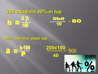 200 ədədinin 40%-ni tap200 ədədinin 40%-ni tap..
==
40%-i 200 olan ədədi tap.40%-i 200 olan ədədi tap.
==
200x100
40
500
 