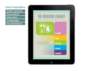 THE MEDICINE CABINET
MY CABINET
PROFILE
BODY ACHES
CALENDAR
PHARMACIES
Tap on different body parts to specify the
location of pain. You can then start search-
ing based on medical information entered in
your proﬁle. Medicine Cabinet gives you
search results compatible with your body.
Family-Oriented
Personalized
Informative
3 Languages
User Experience
Value Propositions
 