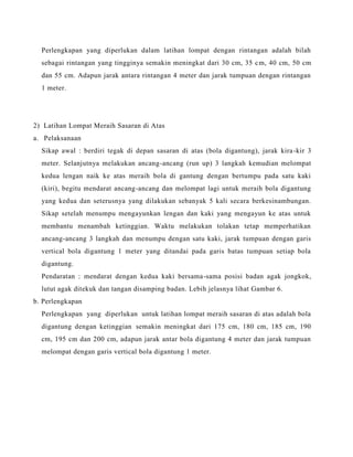 Perlengkapan yang diperlukan dalam latihan lompat dengan rintangan adalah bilah
sebagai rintangan yang tingginya semakin meningkat dari 30 cm, 35 cm, 40 cm, 50 cm
dan 55 cm. Adapun jarak antara rintangan 4 meter dan jarak tumpuan dengan rintangan
1 meter.
2) Latihan Lompat Meraih Sasaran di Atas
a. Pelaksanaan
Sikap awal : berdiri tegak di depan sasaran di atas (bola digantung), jarak kira-kir 3
meter. Selanjutnya melakukan ancang-ancang (run up) 3 langkah kemudian melompat
kedua lengan naik ke atas meraih bola di gantung dengan bertumpu pada satu kaki
(kiri), begitu mendarat ancang-ancang dan melompat lagi untuk meraih bola digantung
yang kedua dan seterusnya yang dilakukan sebanyak 5 kali secara berkesinambungan.
Sikap setelah menumpu mengayunkan lengan dan kaki yang mengayun ke atas untuk
membantu menambah ketinggian. Waktu melakukan tolakan tetap memperhatikan
ancang-ancang 3 langkah dan menumpu dengan satu kaki, jarak tumpuan dengan garis
vertical bola digantung 1 meter yang ditandai pada garis batas tumpuan setiap bola
digantung.
Pendaratan : mendarat dengan kedua kaki bersama-sama posisi badan agak jongkok,
lutut agak ditekuk dan tangan disamping badan. Lebih jelasnya lihat Gambar 6.
b. Perlengkapan
Perlengkapan yang diperlukan untuk latihan lompat meraih sasaran di atas adalah bola
digantung dengan ketinggian semakin meningkat dari 175 cm, 180 cm, 185 cm, 190
cm, 195 cm dan 200 cm, adapun jarak antar bola digantung 4 meter dan jarak tumpuan
melompat dengan garis vertical bola digantung 1 meter.
 