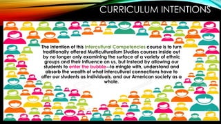 CURRICULUM INTENTIONS
The intention of this Intercultural Competencies course is to turn
traditionally offered Multiculturalism Studies courses inside out
by no longer only examining the surface of a variety of ethnic
groups and their influence on us, but instead by allowing our
students to enter the bubble--to mingle with, understand and
absorb the wealth of what intercultural connections have to
offer our students as individuals, and our American society as a
whole.
12
 