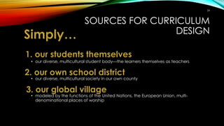 SOURCES FOR CURRICULUM
DESIGN
• our diverse, multicultural student body—the learners themselves as teachers
• our diverse, multicultural society in our own county
• modeled by the functions of the United Nations, the European Union, multi-
denominational places of worship
24
 