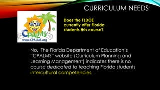 CURRICULUM NEEDS
No. The Florida Department of Education’s
“CPALMS” website (Curriculum Planning and
Learning Management) indicates there is no
course dedicated to teaching Florida students
intercultural competencies.
Does the FLDOE
currently offer Florida
students this course?
3
 