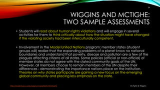 WIGGINS AND MCTIGHE:
TWO SAMPLE ASSESSMENTS
• Students will read about human rights violations and will engage in several
activities for them to think critically about how the situation might have changed
if the violating society had been interculturally competent.
• Involvement in the Model United Nations program: member states (student
groups will) realize that the expanding problems of a planet know no national
boundaries and understand that poverty, disease and pollution are a few of the
plagues affecting citizens of all states. Some policies (official or non-official) of
member states do not agree with the stated community goals of the UN.
However, all members choose to remain members of the UN despite their
differences - demonstrating the importance nations place on the institution.
Theories on why states participate are gaining a new focus on the emerging
global community and placing less emphasis on the state.
34
http://students.jccc.edu/orgs/un/valueMUN.htm#part2 McTighe & Wiggins
 