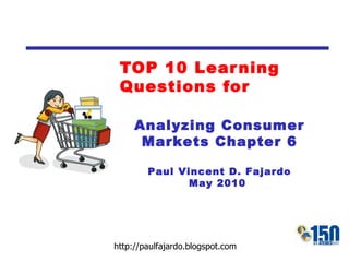 TOP 10 Learning Questions for Analyzing Consumer Markets Chapter 6 Paul Vincent D. Fajardo May 2010  