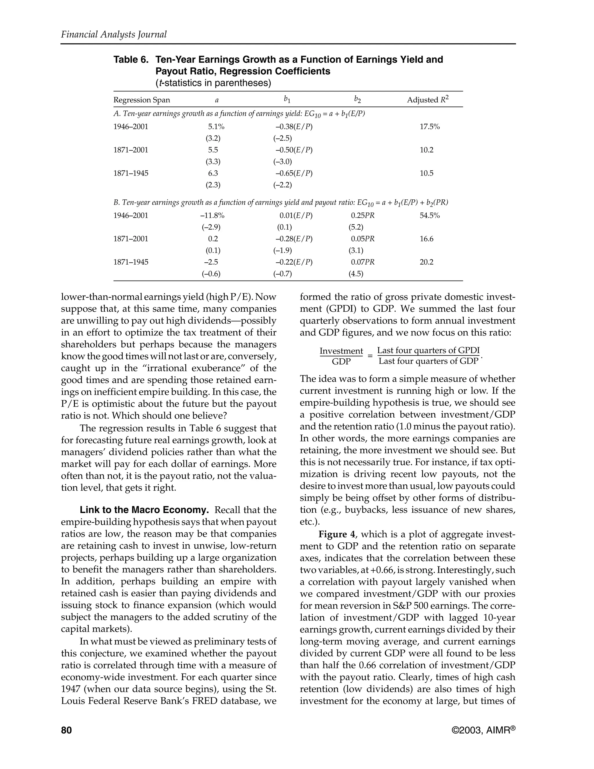 Financial Analysts Journal
80 ©2003, AIMR®
lower-than-normal earnings yield (high P/E). Now
suppose that, at this same time, many companies
are unwilling to pay out high dividends—possibly
in an effort to optimize the tax treatment of their
shareholders but perhaps because the managers
know the good times will not last or are, conversely,
caught up in the “irrational exuberance” of the
good times and are spending those retained earn-
ings on inefficient empire building. In this case, the
P/E is optimistic about the future but the payout
ratio is not. Which should one believe?
The regression results in Table 6 suggest that
for forecasting future real earnings growth, look at
managers’ dividend policies rather than what the
market will pay for each dollar of earnings. More
often than not, it is the payout ratio, not the valua-
tion level, that gets it right.
Link to the Macro Economy. Recall that the
empire-building hypothesis says that when payout
ratios are low, the reason may be that companies
are retaining cash to invest in unwise, low-return
projects, perhaps building up a large organization
to benefit the managers rather than shareholders.
In addition, perhaps building an empire with
retained cash is easier than paying dividends and
issuing stock to finance expansion (which would
subject the managers to the added scrutiny of the
capital markets).
In what must be viewed as preliminary tests of
this conjecture, we examined whether the payout
ratio is correlated through time with a measure of
economy-wide investment. For each quarter since
1947 (when our data source begins), using the St.
Louis Federal Reserve Bank’s FRED database, we
formed the ratio of gross private domestic invest-
ment (GPDI) to GDP. We summed the last four
quarterly observations to form annual investment
and GDP figures, and we now focus on this ratio:
The idea was to form a simple measure of whether
current investment is running high or low. If the
empire-building hypothesis is true, we should see
a positive correlation between investment/GDP
and the retention ratio (1.0 minus the payout ratio).
In other words, the more earnings companies are
retaining, the more investment we should see. But
this is not necessarily true. For instance, if tax opti-
mization is driving recent low payouts, not the
desire to invest more than usual, low payouts could
simply be being offset by other forms of distribu-
tion (e.g., buybacks, less issuance of new shares,
etc.).
Figure 4, which is a plot of aggregate invest-
ment to GDP and the retention ratio on separate
axes, indicates that the correlation between these
two variables, at +0.66, is strong. Interestingly, such
a correlation with payout largely vanished when
we compared investment/GDP with our proxies
for mean reversion in S&P 500 earnings. The corre-
lation of investment/GDP with lagged 10-year
earnings growth, current earnings divided by their
long-term moving average, and current earnings
divided by current GDP were all found to be less
than half the 0.66 correlation of investment/GDP
with the payout ratio. Clearly, times of high cash
retention (low dividends) are also times of high
investment for the economy at large, but times of
Table 6. Ten-Year Earnings Growth as a Function of Earnings Yield and
Payout Ratio, Regression Coefficients
(t-statistics in parentheses)
Regression Span a b1 b2 Adjusted R2
A. Ten-year earnings growth as a function of earnings yield: EG10 = a + b1(E/P)
1946–2001 5.1% –0.38(E/P) 17.5%
(3.2) (–2.5)
1871–2001 5.5 –0.50(E/P) 10.2
(3.3) (–3.0)
1871–1945 6.3 –0.65(E/P) 10.5
(2.3) (–2.2)
B. Ten-year earnings growth as a function of earnings yield and payout ratio: EG10 = a + b1(E/P) + b2(PR)
1946–2001 –11.8% 0.01(E/P) 0.25PR 54.5%
(–2.9) (0.1) (5.2)
1871–2001 0.2 –0.28(E/P) 0.05PR 16.6
(0.1) (–1.9) (3.1)
1871–1945 –2.5 –0.22(E/P) 0.07PR 20.2
(–0.6) (–0.7) (4.5)
Investment
GDP
-----------------------------
Last four quarters of GPDI
Last four quarters of GDP
----------------------------------------------------------------------.=
 