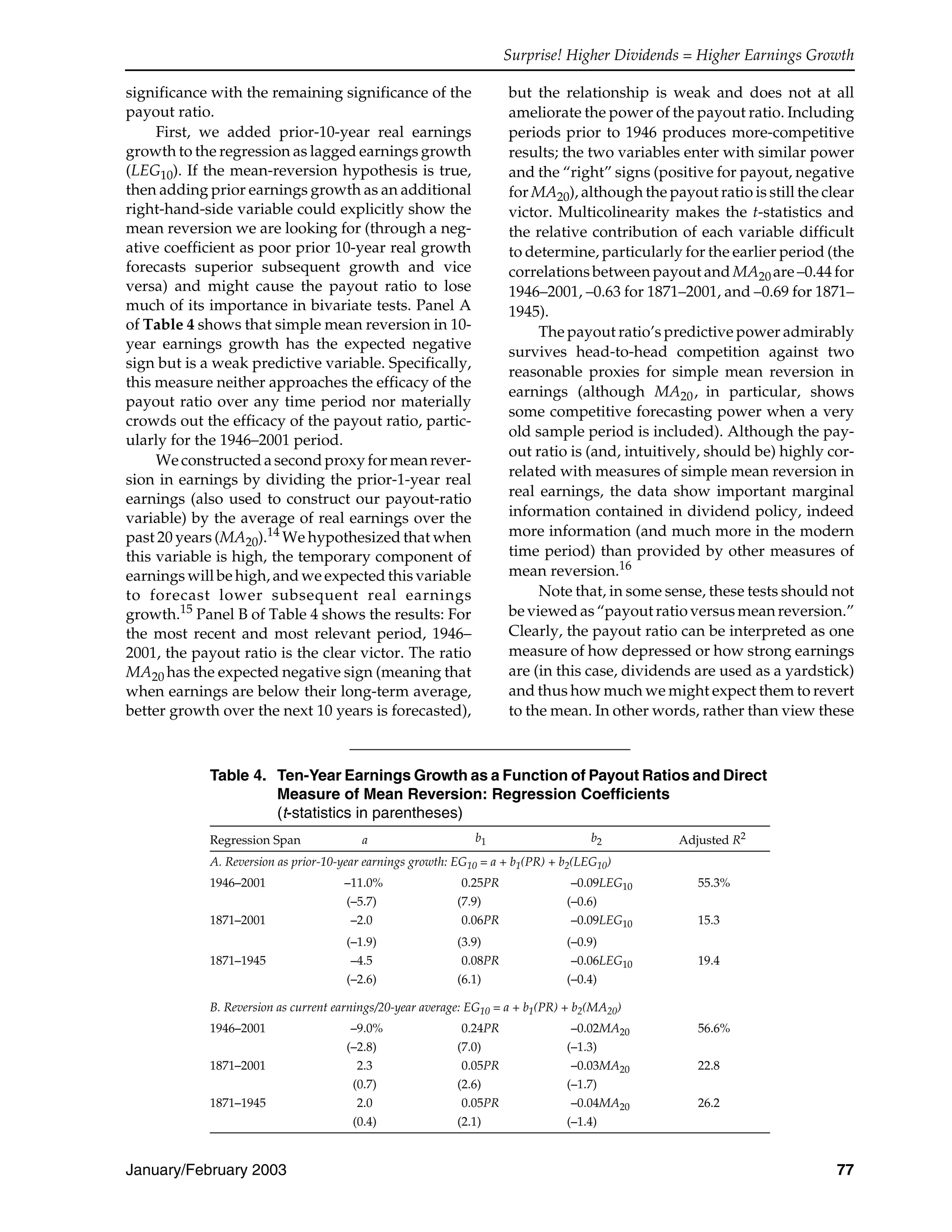 Surprise! Higher Dividends = Higher Earnings Growth
January/February 2003 77
significance with the remaining significance of the
payout ratio.
First, we added prior-10-year real earnings
growth to the regression as lagged earnings growth
(LEG10). If the mean-reversion hypothesis is true,
then adding prior earnings growth as an additional
right-hand-side variable could explicitly show the
mean reversion we are looking for (through a neg-
ative coefficient as poor prior 10-year real growth
forecasts superior subsequent growth and vice
versa) and might cause the payout ratio to lose
much of its importance in bivariate tests. Panel A
of Table 4 shows that simple mean reversion in 10-
year earnings growth has the expected negative
sign but is a weak predictive variable. Specifically,
this measure neither approaches the efficacy of the
payout ratio over any time period nor materially
crowds out the efficacy of the payout ratio, partic-
ularly for the 1946–2001 period.
We constructed a second proxy for mean rever-
sion in earnings by dividing the prior-1-year real
earnings (also used to construct our payout-ratio
variable) by the average of real earnings over the
past 20 years (MA20).14 We hypothesized that when
this variable is high, the temporary component of
earnings will be high, and we expected this variable
to forecast lower subsequent real earnings
growth.15 Panel B of Table 4 shows the results: For
the most recent and most relevant period, 1946–
2001, the payout ratio is the clear victor. The ratio
MA20 has the expected negative sign (meaning that
when earnings are below their long-term average,
better growth over the next 10 years is forecasted),
but the relationship is weak and does not at all
ameliorate the power of the payout ratio. Including
periods prior to 1946 produces more-competitive
results; the two variables enter with similar power
and the “right” signs (positive for payout, negative
for MA20), although the payout ratio is still the clear
victor. Multicolinearity makes the t-statistics and
the relative contribution of each variable difficult
to determine, particularly for the earlier period (the
correlations between payout and MA20 are –0.44 for
1946–2001, –0.63 for 1871–2001, and –0.69 for 1871–
1945).
The payout ratio’s predictive power admirably
survives head-to-head competition against two
reasonable proxies for simple mean reversion in
earnings (although MA20, in particular, shows
some competitive forecasting power when a very
old sample period is included). Although the pay-
out ratio is (and, intuitively, should be) highly cor-
related with measures of simple mean reversion in
real earnings, the data show important marginal
information contained in dividend policy, indeed
more information (and much more in the modern
time period) than provided by other measures of
mean reversion.16
Note that, in some sense, these tests should not
be viewed as “payout ratio versus mean reversion.”
Clearly, the payout ratio can be interpreted as one
measure of how depressed or how strong earnings
are (in this case, dividends are used as a yardstick)
and thus how much we might expect them to revert
to the mean. In other words, rather than view these
Table 4. Ten-Year Earnings Growth as a Function of Payout Ratios and Direct
Measure of Mean Reversion: Regression Coefficients
(t-statistics in parentheses)
Regression Span a b1 b2 Adjusted R2
A. Reversion as prior-10-year earnings growth: EG10 = a + b1(PR) + b2(LEG10)
1946–2001 –11.0% 0.25PR –0.09LEG10 55.3%
(–5.7) (7.9) (–0.6)
1871–2001 –2.0 0.06PR –0.09LEG10 15.3
(–1.9) (3.9) (–0.9)
1871–1945 –4.5 0.08PR –0.06LEG10 19.4
(–2.6) (6.1) (–0.4)
B. Reversion as current earnings/20-year average: EG10 = a + b1(PR) + b2(MA20)
1946–2001 –9.0% 0.24PR –0.02MA20 56.6%
(–2.8) (7.0) (–1.3)
1871–2001 2.3 0.05PR –0.03MA20 22.8
(0.7) (2.6) (–1.7)
1871–1945 2.0 0.05PR –0.04MA20 26.2
(0.4) (2.1) (–1.4)
 
