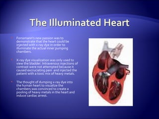 Forssmann’s new passion was to demonstrate that the heart could be injected with x-ray dye in order to illuminate the actual inner pumping chambers. X-ray dye visualization was only used to view the bladder. Intravenous injections of contrast were not attempted because it caused excruciating pain  and injected the patient with a toxic mix of heavy metals.  The thought of dumping x-ray dye into the human heart to visualize the chambers was convinced to create a pooling of heavy metals in the heart and induce cardiac arrest. 