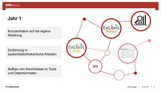 ||ETH-Bibliothek 24.04.2018Judith Bissegger 6
Jahr 1
Konzentration auf die eigene
Abteilung
Einführung in
systembibliothekarische Arbeiten
Aufbau von Kenntnissen in Tools
und Datenformaten
 