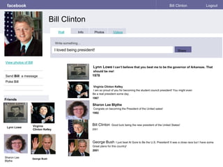 facebook
Bill Clinton
Bill Clinton Logout
View photos of Bill
Send Bill a message
Poke Bill
Wall Info Photos Videos
Write something…
Share
Friends
Lynn Lowe I can’t believe that you beat me to be the governor of Arkansas. That
should be me!
1978
Lynn Lowe
Virginia Clinton Kelley
I am so proud of you for becoming the student council president! You might even
Be a real president some day.
1967
Sharon Lee Blythe
Congrats on becoming the President of the United sates!
1992
Bill Clinton Good luck being the new president of the United States!
2001
George Bush I just beat Al Gore to Be the U.S. President! It was a close race but I have some
Great plans for this country!
2001
George Bush
Virginia
Clinton Kelley
Sharon Lee
Blythe
I loved being president!
 