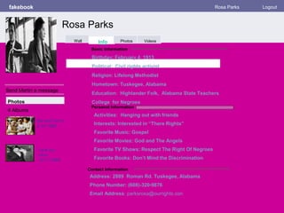 Personal Information
fakebook Rosa Parks Logout
Send Martin a message
Basic Information
Photos
Activities: Hanging out with friends
Interests: Interested in “There Rights”
Favorite Music: Gospel
Favorite Movies: God and The Angels
Favorite TV Shows: Respect The Right Of Negroes
Favorite Books: Don’t Mind the Discrimination
Me and Fam’s
2-19-1996
4 Albums
Contact Information
Address: 2889 Roman Rd. Tuskegee, Alabama
Phone Number: (608)-320-9876
Email Address: parksrosa@ourrights.con
Birthday: February 4, 1913
Political: Civil rights activist
Religion: Lifelong Methodist
Hometown: Tuskegee, Alabama
Education: Highlander Folk, Alabama State Teachers
College for Negroes
Love you
mom
12-17-1899
Rosa Parks
Info Photos VideosWall
 