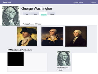 fakebook Profile Name Logout
Photos of _____ # Photos
NAME Albums 2 Photo Albums
Profile Pictures
1 photo
George Washington
Info Photos VideosWall
 