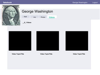 fakebook George Washington Logout
Wall
Info
Photos
Videos
__#_ Videos
Video Topic/Title Video Topic/Title Video Topic/Title
George Washington
Wall Info Photos VideosWall
 