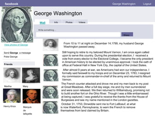 facebook
George Washington
George Washington Logout
View photos of George
Send George a message
Poke George
Wall Info Photos Videos
Write something…
Share
Friends
Martha Mary
Henry Knox Marquis
de
lafayette
October 31, 1753, Dinwiddie sent me to Fort LeBoeuf, at what
is now Waterford, Pennsylvania, to warn the French to remove
themselves from land claimed by Britain.
From 10 to 11 at night on December 14,1799, my husband George
Washington passed away.
Still hoping to retire to my beloved Mount Vernon, I am once again called
upon to serve this country. During the presidential election, I received a
vote from every elector to the Electoral College, I became the only president
in American history to be elected by unanimous approval. I took the oath of
office at Federal Hall in New York City, the capital of the United States.
The French counter attacked and drove me and my men back to my post
at Great Meadows. After a full day siege, me and my men surrendered
and were soon released. We then returned to Williamsburg, promising not
to build another fort on the Ohio River. Though I was a little embarrassed
at being captured, I was grateful to receive the thanks from the House of
Burgesses and see my name mentioned in the London gazettes.
After almost 9 years at war, we Americans had won our independence. I
formally said farewell to my troops and on December 23, 1783, I resigned
my commission as commander-in-chief of the army and returned to Mount
Vernon.
 