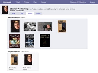 fakebook Wall Photos Flair Boxes Stephen W. Hawking Logout Wall Info Photos Boxes Photos of Stephen   3 Photos Stephen’s Albums   2 Photo Albums  Some books 4 photos Profile Pictures 3 photos Stephen W. Hawking  A lot of prizes have been awarded for showing the universe is not as simple as we might have thought. 