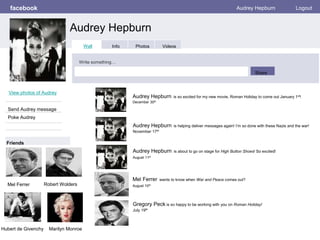 facebook
Audrey Hepburn
Audrey Hepburn Logout
View photos of Audrey
Send Audrey message
Poke Audrey
Wall Info Photos Videos
Write something…
Share
Friends
Audrey Hepburn is so excited for my new movie, Roman Holiday to come out January 1st!
December 30th
Mel Ferrer
Audrey Hepburn is helping deliver messages again! I’m so done with these Nazis and the war!
November 17th
Audrey Hepburn is about to go on stage for High Button Shoes! So excited!
August 11th
Mel Ferrer wants to know when War and Peace comes out?
August 10th
Gregory Peck is so happy to be working with you on Roman Holiday!
July 19th
Robert Wolders
Hubert de Givenchy Marilyn Monroe
 