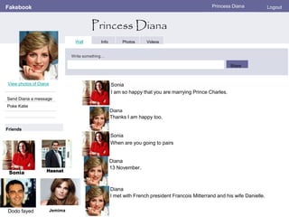 Fakebook
Princess Diana
Princess Diana Logout
View photos of Diana
Send Diana a message
Poke Katie
Wall Info Photos Videos
Write something…
Share
Friends
Sonia
I am so happy that you are marrying Prince Charles.
Sonia
Diana
Thanks I am happy too.
Sonia
When are you going to pairs
Diana
13 November.
Diana
I met with French president Francois Mitterrand and his wife Danielle.
Hasnat
JemimaDodo fayed
 