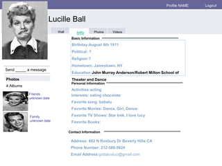 fakebook Profile NAME Logout 
Lucille Ball 
Birthday:August 6th 1911 
Political: ? 
Religion:? 
Hometown: Jamestown, NY 
Education:John Murray Anderson/Robert Milton School of 
Theater and Dance 
Personal Information 
Send _____ a message 
Basic Information 
Photos 
Activities:acting 
Interests: eating chocolate 
Favorite song: babalu 
Favorite Movies: Dance, Girl, Dance 
Favorite TV Shows: Star trek, I love lucy 
Favorite Books: 
Friends 
unknown date 
4 Albums 
Contact Information 
Address: 602 N Roxbury Dr Beverly Hills CA 
Phone Number: 212-588-5824 
Email Address:gottaluvluci@gmail.com 
Family 
unknown date 
Wall Info Photos Videos 
 