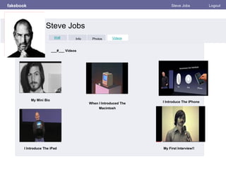 fakebook Steve Jobs Logout
Wall
Info
Photos
Videos
___#___ Videos
My Mini Bio
My First Interview!!
When I Introduced The
Macintosh
I Introduce The iPhone
I Introduce The iPad
Steve Jobs
Wall Info Photos VideosWall
 