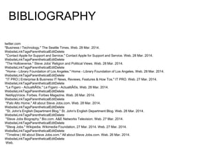 BIBLIOGRAPHY
twitter.com
"Business / Technology." The Seattle Times. Web. 28 Mar. 2014.
WebsiteLinkTagsParentheticalEditDelete
"Contact Apple for Support and Service." Contact Apple for Support and Service. Web. 28 Mar. 2014.
WebsiteLinkTagsParentheticalEditDelete
"The Hollowverse." Steve Jobs' Religion and Political Views. Web. 28 Mar. 2014.
WebsiteLinkTagsParentheticalEditDelete
"Home - Library Foundation of Los Angeles." Home - Library Foundation of Los Angeles. Web. 28 Mar. 2014.
WebsiteLinkTagsParentheticalEditDelete
"IT PRO | Enterprise & Business IT News, Reviews, Features & How Tos." IT PRO. Web. 27 Mar. 2014.
WebsiteLinkTagsParentheticalEditDelete
"Le Figaro - ActualitÃ©s." Le Figaro - ActualitÃ©s. Web. 28 Mar. 2014.
WebsiteLinkTagsParentheticalEditDelete
NetApp​Voice. Forbes. Forbes Magazine. Web. 26 Mar. 2014.
WebsiteLinkTagsParentheticalEditDelete
"Palo Alto Home." All about Steve Jobs.com. Web. 28 Mar. 2014.
WebsiteLinkTagsParentheticalEditDelete
"St. John's English Department Blog." St. John's English Department Blog. Web. 28 Mar. 2014.
WebsiteLinkTagsParentheticalEditDelete
"Steve Jobs Biography." Bio.com. A&E Networks Television. Web. 27 Mar. 2014.
WebsiteLinkTagsParentheticalEditDelete
"Steve Jobs." Wikipedia. Wikimedia Foundation, 27 Mar. 2014. Web. 27 Mar. 2014.
WebsiteLinkTagsParentheticalEditDelete
"Timeline | All about Steve Jobs.com." All about Steve Jobs.com. Web. 26 Mar. 2014.
WebsiteLinkTagsParentheticalEditDelete
Web.
/
 