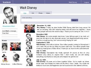 facebook
Walt Disney
Walt Disney Logout
View photos of Walt
Send Walt a message
Poke Walt
Wall Info Photos Videos
Write something…
Share
Friends
December 15, 1966
Roy Disney: Today my dear brother Walt Disney died from lung cancer. He
was an amazing man with amazing ideas and will never be forgotten. I know
many people will miss him and his ways. Thank you for caring for him. 
Iwerks
November 1966
Walt Disney: As some people may know, I was felling a pain in my neck so I
went into the doctor to see what was wrong- I am diagnosed with lung cancer.
It will be a rough journey, but I am surviving. Hoping for luck!
July 17, 1955
Walt Disney: Disneyland has finally opened! Of course at first it’s only
invitation only (Sorry to anyone that I didn’t invite, we are still testing
everything) but thanks to everyone who helped me get this far!
September 8, 1955
Walt Disney: One million visitors. One million people coming to Disneyland. I
can’t even tell you the joy filling my heart right now. The million people have
made my heart grow a million times. Thank you so much for this achievement!
July 13, 1955
Walt Disney: 30 years we’ve been together Lillian. You’ve made my stress
levels lower and helped me make all the films I have made. You made me
believe in true love and happiness can be found even in the darkest of times.
Roy
Mickey Mouse Lillian Disney
 