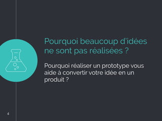 Pourquoi beaucoup d’idées
ne sont pas réalisées ?
Pourquoi réaliser un prototype vous
aide à convertir votre idée en un
produit ?
4
 