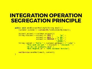 INTEGRATION OPERATION
SEGREGATION PRINCIPLE
public void sendDiscountMailingTo(String email) {
Customer customer = customerDB.findCustomerBy(email);
Account account = customer.account();
String discount = account == FREE ? "no" :
account == BASE ? "a 10%" :
account == PREMIUM ? "a 25%" :
"-ERROR-";
String content = "Hello " + customer.getName() + ",nn" +
"This week you get " + discount + " discount " +
"on all our products.nn" +
"Best Regards,n" + "ACME Customer Service";
mailService.sendMail(email, content);
}
 