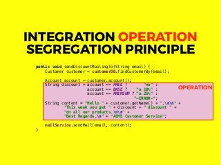 OPERATION
public void sendDiscountMailingTo(String email) {
Customer customer = customerDB.findCustomerBy(email);
Account account = customer.account();
String discount = account == FREE ? "no" :
account == BASE ? "a 10%" :
account == PREMIUM ? "a 25%" :
"-ERROR-";
String content = "Hello " + customer.getName() + ",nn" +
"This week you get " + discount + " discount " +
"on all our products.nn" +
"Best Regards,n" + "ACME Customer Service";
mailService.sendMail(email, content);
}
INTEGRATION OPERATION
SEGREGATION PRINCIPLE
 