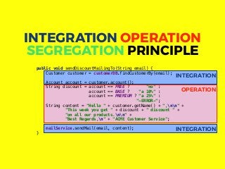 INTEGRATION
INTEGRATION
OPERATION
public void sendDiscountMailingTo(String email) {
Customer customer = customerDB.findCustomerBy(email);
Account account = customer.account();
String discount = account == FREE ? "no" :
account == BASE ? "a 10%" :
account == PREMIUM ? "a 25%" :
"-ERROR-";
String content = "Hello " + customer.getName() + ",nn" +
"This week you get " + discount + " discount " +
"on all our products.nn" +
"Best Regards,n" + "ACME Customer Service";
mailService.sendMail(email, content);
}
INTEGRATION OPERATION
SEGREGATION PRINCIPLE
 