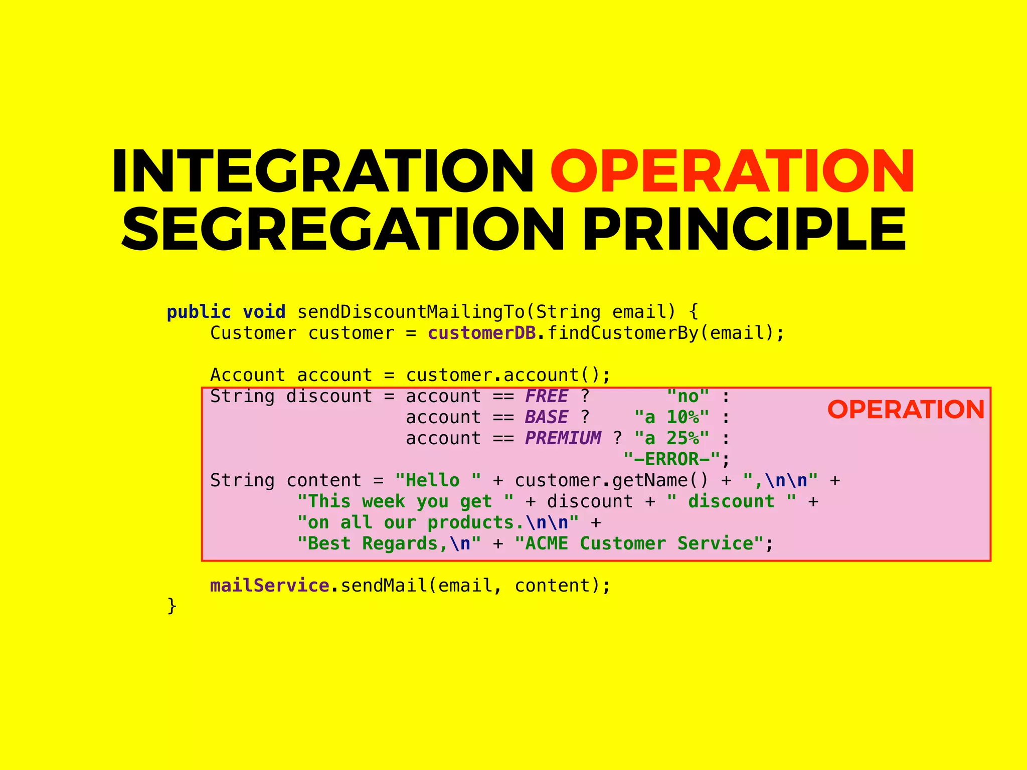 OPERATION
public void sendDiscountMailingTo(String email) {
Customer customer = customerDB.findCustomerBy(email);
Account account = customer.account();
String discount = account == FREE ? "no" :
account == BASE ? "a 10%" :
account == PREMIUM ? "a 25%" :
"-ERROR-";
String content = "Hello " + customer.getName() + ",nn" +
"This week you get " + discount + " discount " +
"on all our products.nn" +
"Best Regards,n" + "ACME Customer Service";
mailService.sendMail(email, content);
}
INTEGRATION OPERATION
SEGREGATION PRINCIPLE
 