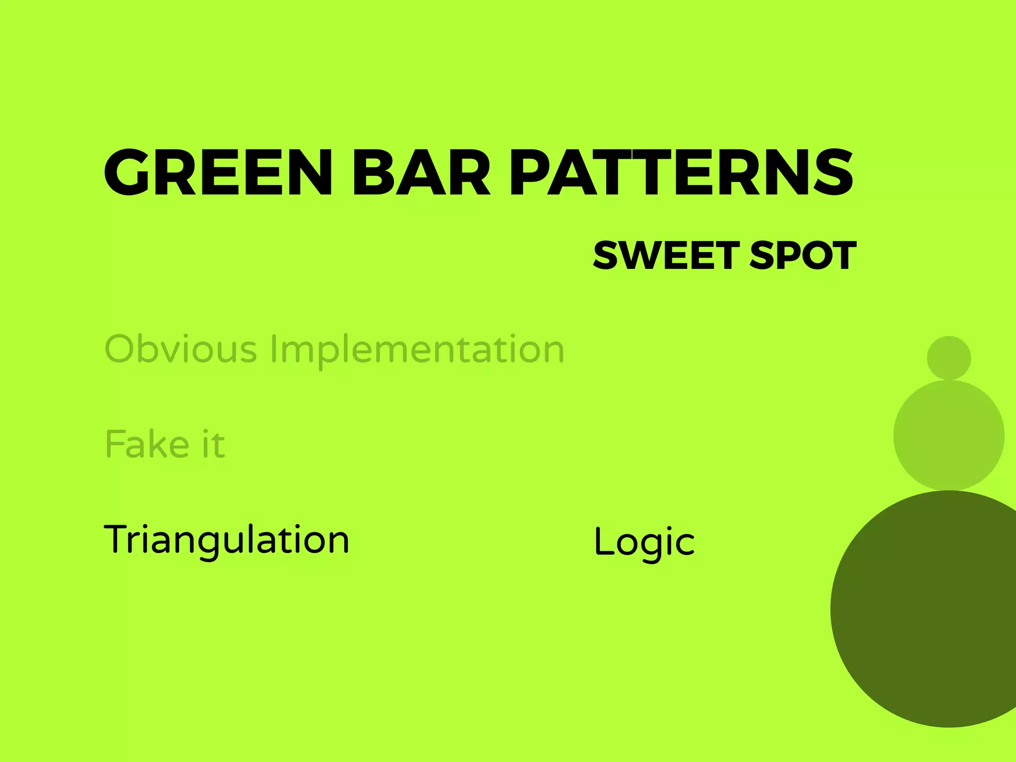 SWEET SPOT
Logic
GREEN BAR PATTERNS
Obvious Implementation
Fake it
Triangulation
 