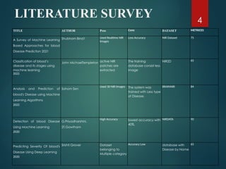 4
LITERATURE SURVEY
TITLE AUTHOR Pros Cons DATASET METRICES
A Survey of Machine Learning
Based Approaches for blood
Disease Prediction 2021
Shubham Bind1 Used Realtime NIR
Images
Less Accuracy NIR Dataset 75
Classifcation of blood’s
disease and its stages using
machine learning
2022
John MichaelTempleton active NIR
patches are
extracted
The training
database consist less
image
NIR2D 65
Analysis and Prediction of
blood's Disease using Machine
Learning Algorithms
2022
Sohom Sen
Used 30 NIR Images The system was
trained with Less type
of Disease.
BRAINNIR 84
Detection of blood Disease
Using Machine Learning
2020
G.Priyadharshini,
2T.Gowtham
High Accuracy lowest accuracy with
40%.
NIRDATA 90
Predicting Severity Of blood's
Disease Using Deep Learning
2020
Srishti Grover Dataset
belonging to
Multiple category
Accuracy Low database with
Disease by Name
65
 