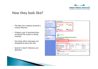 }   The fake anti-malware pretend a
    critical infection

}   A bogus scan is launched play-
    acting the file system is being
    scanned

}   Too many alerts messages are
    displayed to panic the user

}   Several critical infections are
    detected
 