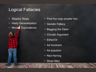 Logical Fallacies
• Slippery Slope
• Hasty Generalization
• Moral Equiivalence
• Post hoc ergo propter hoc
• Genetic Fallacy
• Begging the Claim
• Circular Argument
• Either/Or
• Ad hominem
• Ad populum
• Red Herring
• Straw Man
 