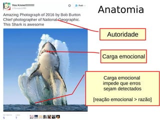 Anatomia
Autoridade
Carga emocional
Carga emocional
impede que erros
sejam detectados
[reação emocional > razão]
 