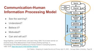 Communication-Human
Information Processing Model
56
● See the warning?
● Understand?
● Believe it?
● Motivated?
● Can and ...