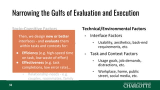 Narrowing the Gulfs of Evaluation and Execution
Socio-Cognitive Factors
• Cognitive Factors
• Information-processing limits
- e.g. recognition vs. recall
• Cogn. bias, tech acceptance
• Interpersonal/Group Factors
• Social norms and influences
• Relationship needs - e.g.
couples, roommates, family
Technical/Environmental Factors
• Interface Factors
• Usability, aesthetics, back-end
requirements, etc.
• Task and Context Factors
• Usage goals, job demands,
distractions, etc.
• Workplace, home, public
street, social media, etc.
14
Then, we design new or better
interfaces - and evaluate them
within tasks and contexts for:
● Efficiency (e.g. high-speed time
on task, low waste of effort)
● Effectiveness (e.g. task
completions, low error rate)…
 