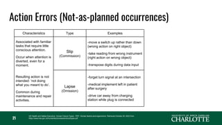 21
Characteristics Type Examples How to Address
Associated with familiar
tasks that require little
conscious attention.
Occur when attention is
diverted, even for a
moment.
Slip
(Commission)
-move a switch up rather than down
(wrong action on right object)
-take reading from wrong instrument
(right action on wrong object)
-transpose digits during data input
-use well-known design patterns
(consistency e.g. up always means off;
intuitive layout of controls and
instrumentation; level of automation etc.)
-checklists and reminders;
-independent cross-check of tasks
-removal of distractions and
interruptions
-sufficient time to complete task
-warnings + alarms to help detect errors
Additional training will not help!!
Resulting action is not
intended: ‘not doing
what you meant to do’.
Common during
maintenance and repair
activities.
Lapse
(Omission)
-forget turn signal at an intersection
-medical implement left in patient
after surgery
-drive car away from charging
station while plug is connected
Action Errors (Not-as-planned occurrences)
UK Health and Safety Executive. Human Failure Types - PDF. Human factors and ergonomics. Retrieved October 20, 2023 from
https://www.hse.gov.uk/humanfactors/assets/docs/types.pdf
 