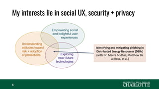 My interests lie in social UX, security + privacy
4
Empowering social
and delightful user
experiences
Understanding
attitudes toward
risk + adoption
of protections Exploring
near-future
technologies
Identifying and mitigating phishing in
Distributed Energy Resources (DERs)
(with Dr. Meera Sridhar, Matthew De
La Rosa, et al.)
 