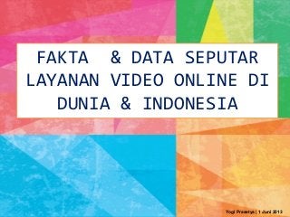 FAKTA  & DATA SEPUTAR 
LAYANAN VIDEO ONLINE DI
DUNIA & INDONESIA
Yogi Prasetya | 1 Juni 2013
 