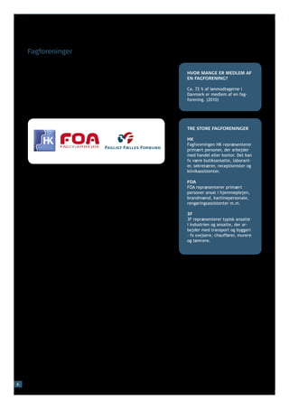 Fagforeninger

    Fagforeningerne repræsenterer lønmodtagerne og varetager*
    medlemmernes interesser over for arbejdsgiverne. Fagforening-          HVOR MANGE ER MEDLEM AF
    erne er på den måde med til at sikre rimelige løn- og arbejdsvilkår.   EN FAGFORENING?

    De fleste lønmodtagere i Danmark er medlem af en fagforening.          Ca. 72 % af lønmodtagerne i
                                                                           Danmark er medlem af en fag-
    Det koster penge at være medlem af en fagforening. Man beta-           forening. (2010)
    ler kontingent*. Normalt betaler man kontingent for enten én
    eller tre måneder ad gangen.


                                                                           TRE STORE FAGFORENINGER

                                                                           HK
                                                                           Fagforeningen HK repræsenterer
                                                                           primært personer, der arbejder
                                                                           med handel eller kontor. Det kan
                                                                           fx være butiksansatte, laborant-
                                                                           er, sekretærer, receptionister og
    Fagforeningerne er normalt opdelt efter fag og arbejdsområde.          klinikassistenter.
    Fx er nogle fagforeninger for håndværkere, mens andre er for
                                                                           FOA
    butikspersonale eller kontoransatte. De fleste vælger en fag-          FOA repræsenterer primært
    forening, som dækker* deres fag og det område, de arbejder             personer ansat i hjemmeplejen,
    inden for. Hvis man er i tvivl, når man skal vælge, kan man fx         brandmænd, kantinepersonale,
    spørge sine kolleger, hvilken fagforening de er medlem af. Man         rengøringsassistenter m.m.
    kan også spørge sin arbejdsgiver.
                                                                           3F
                                                                           3F repræsenterer typisk ansatte
    Men man skal ikke være medlem af en fagforening. Det er fri-           i industrien og ansatte, der ar-
    villigt. Man bestemmer selv, om man vil være medlem.                   bejder med transport og byggeri
    Hverken arbejdsgiveren eller kollegerne må tvinge en ansat til         – fx svejsere, chauffører, murere
    at være medlem af en fagforening eller til at være medlem af en        og tømrere.
    bestemt fagforening. Man kan ikke blive fyret, fordi man melder
    sig ind i eller ud af en fagforening, og ved en ansættelse må
    en arbejdsgiver ikke lægge vægt på*, om man er medlem af en
    fagforening.




6
 