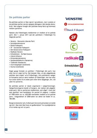 De politiske partier

     De politiske partier er ikke nævnt i grundloven, men i praksis er
     de politiske partier nok de vigtigste deltagere i det danske demo-
     krati. Ved valgene foregår den politiske kamp først og fremmest
     mellem partierne.

     Næsten alle Folketingets medlemmer er medlem af et politisk
     parti. Den 1. januar 2011 sad der politikere i Folketinget fra
     følgende partier:

     •	Venstre – Danmarks Liberale Parti
     •	Socialdemokraterne
     •	Dansk Folkeparti
     •	SF - Socialistisk Folkeparti
     •	Det Konservative Folkeparti
     •	Radikale Venstre
     •	Enhedslisten – De Rød-Grønne	
     •	Liberal Alliance
     •	Kristendemokraterne
     •	Sambandsflokkurin (Færøerne)
     •	Tjóðveldi (Færøerne)
     •	Inuit Ataqatigiit (Grønland)
     •	Siumut (Grønland)

     Nogle gange forlader en politiker i Folketinget det parti, han
     eller hun er valgt ind for. Det betyder ikke, at den pågældende
     politiker skal træde* ud af Folketinget. Hvis politikeren vælger
     at fortsætte med at være medlem af Folketinget, kan han eller
     hun enten skifte til et andet parti eller blive løsgænger, dvs. stå
     uden for partierne.

     De politiske partier er lokalt organiseret i vælgerforeninger.
     Vælgerforeningerne består af borgere, der støtter det pågæld-
     ende parti. Det er partiernes medlemmer, som afgør*, hvem der
     skal opstilles* som kandidater for partiet til valgene. I midten
     af 1900-tallet var ca. 650.000 mennesker medlem af et politisk
     parti. I begyndelsen af 2000-tallet var dette tal faldet til ca.
     180.000.

     Borgerne beslutter selv, hvilket parti de eventuelt ønsker at melde
     sig ind i. Man skal ikke have en godkendelse* fra myndighederne
     til at melde sig ind i et parti.




66
 
