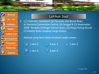Latihan Soal
3. (1) Hadiridan Saksikan!! (2) Pameran dan Bursa Buku
di Diamond Convention Centre, (3) tanggal 8-13 Novemeber
2008. Tersedia berbagai macam buku. (4) Harga Paling Murah
(5) Koleksi Buku Lengkap Harga Diskon
Kalimat yang berisi fakta terdapat pada nomor…
1 dan 2 4 dan 5 2 dan 3
1 dan 3 3 dan 4
EA
B
C
D
Created By:
E.S
 