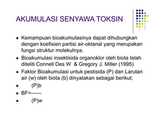 AKUMULASI SENYAWA TOKSIN










Kemampuan bioakumulasinya dapat dihubungkan
dengan koefisien partisi air-oktanal yang merupakan
fungsi struktur molekulnya.
Bioakumulasi insektisida organoklor oleh biota telah
diteliti Connell Des W & Gregory J. Miller (1995)
Faktor Bioakumulasi untuk pestisida (P) dan Larutan
air (w) oleh biota (b) dinyatakan sebagai berikut;
(P)b
BF=-----(P)w

 